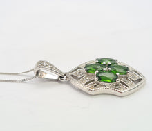 Load image into Gallery viewer, 8278: Vintage:: 9ct White Gold Green Diopsides 10 diamonds Pendant + Necklace (45cm)
