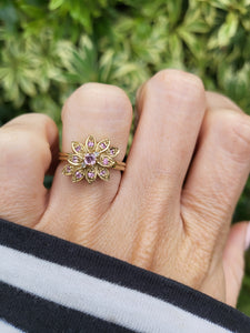 8259: Vintage; 9ct Gold Pink Sapphires Diamonds Flower Head Cocktail Ring