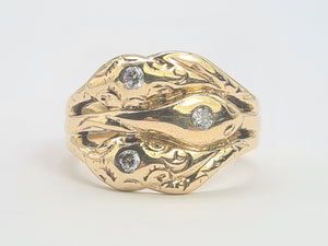 8203: Vintage: Statement 9ct Gold Diamonds Three Heads Snake Ring