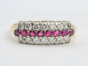 8229: Vintage; 9ct Gold Vivid Rubies Sparkling Diamonds Dress/Stacker Ring- exquisite