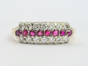 8229: Vintage; 9ct Gold Vivid Rubies Sparkling Diamonds Dress/Stacker Ring- exquisite