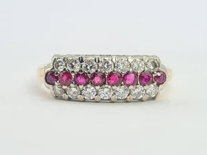 8229: Vintage; 9ct Gold Vivid Rubies Sparkling Diamonds Dress/Stacker Ring- exquisite