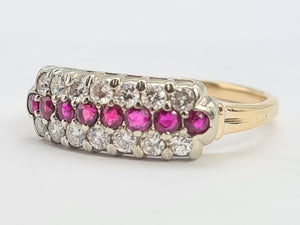 8229: Vintage; 9ct Gold Vivid Rubies Sparkling Diamonds Dress/Stacker Ring- exquisite