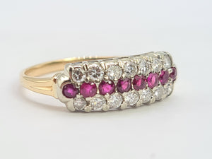 8229: Vintage; 9ct Gold Vivid Rubies Sparkling Diamonds Dress/Stacker Ring- exquisite