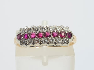 8229: Vintage; 9ct Gold Vivid Rubies Sparkling Diamonds Dress/Stacker Ring- exquisite