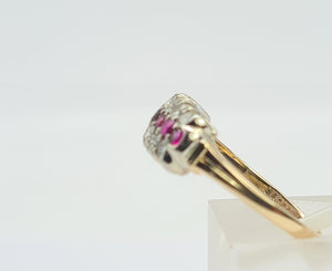 8229: Vintage; 9ct Gold Vivid Rubies Sparkling Diamonds Dress/Stacker Ring- exquisite