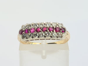 8229: Vintage; 9ct Gold Vivid Rubies Sparkling Diamonds Dress/Stacker Ring- exquisite