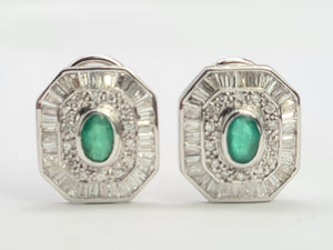 8279: Vintage: Thrilling 18ct White Gold Art Deco Style Emeralds Diamonds EarringsA