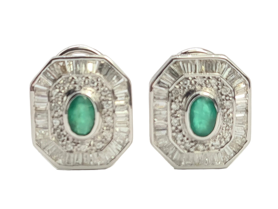 6097: Vintage: 18ct White Gold Art Deco Style Emeralds Diamonds Earrings- Thrilling