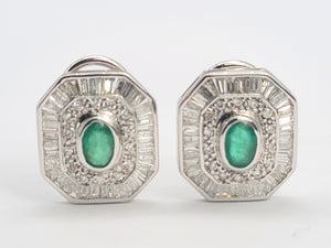 8279: Vintage: Thrilling 18ct White Gold Art Deco Style Emeralds Diamonds EarringsA