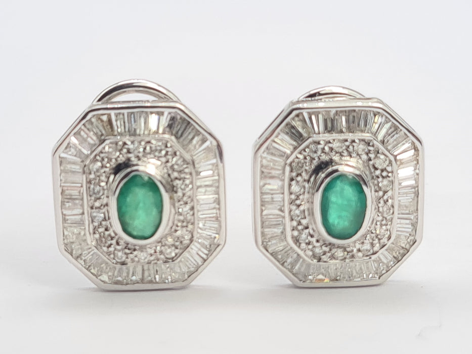 6097: Vintage: 18ct White Gold Art Deco Style Emeralds Diamonds Earrings- Thrilling