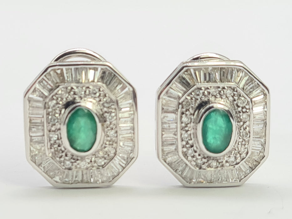 6097: Vintage: 18ct White Gold Art Deco Style Emeralds Diamonds Earrings- Thrilling