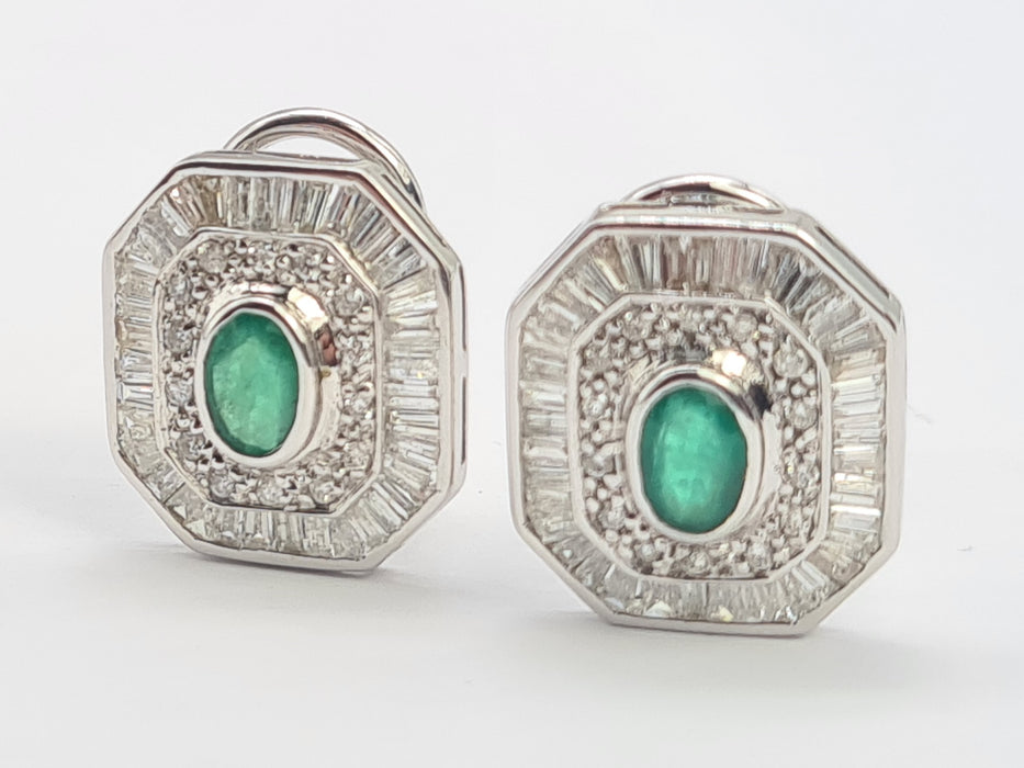 6097: Vintage: 18ct White Gold Art Deco Style Emeralds Diamonds Earrings- Thrilling