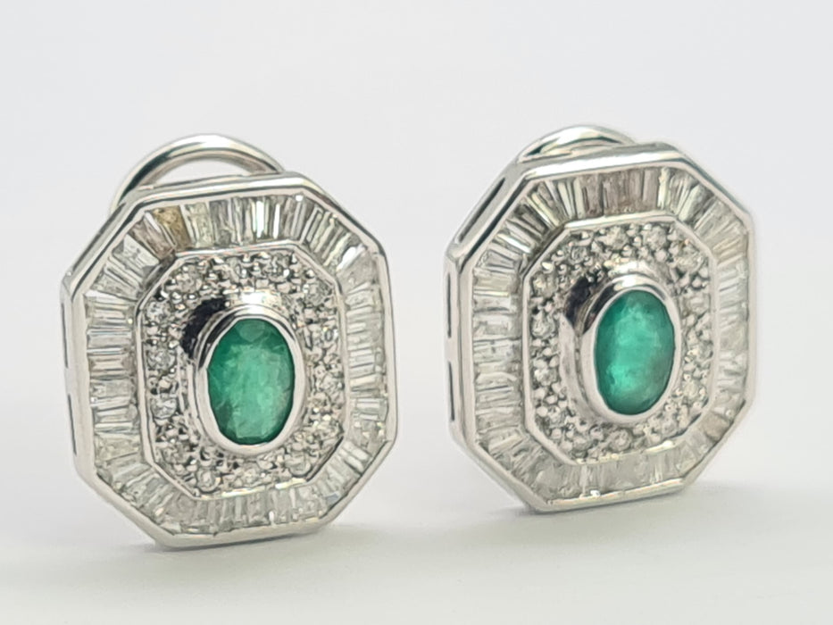 6097: Vintage: 18ct White Gold Art Deco Style Emeralds Diamonds Earrings- Thrilling