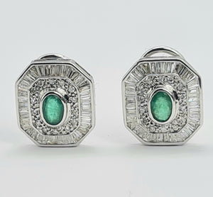 8279: Vintage: Thrilling 18ct White Gold Art Deco Style Emeralds Diamonds EarringsA