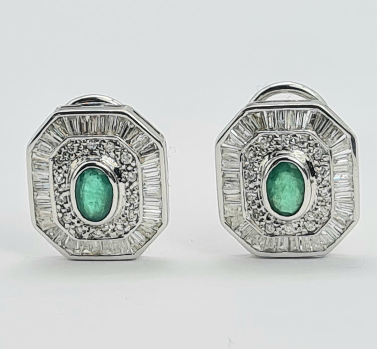 6097: Vintage: 18ct White Gold Art Deco Style Emeralds Diamonds Earrings- Thrilling