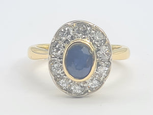 9056: Vintage Old: 18ct Gold French Blue Sapphire Diamonds Cluster Ring