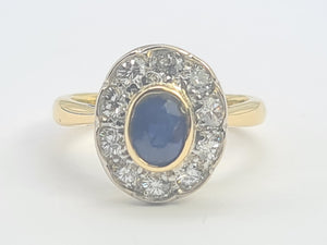 9056: Vintage Old: 18ct Gold French Blue Sapphire Diamonds Cluster Ring