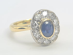 9056: Vintage Old: 18ct Gold French Blue Sapphire Diamonds Cluster Ring