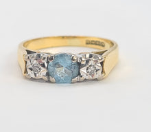 Load image into Gallery viewer, 8295: Vintage: 18ct Gold Blue Aquamarine Twin Diamonds Dress Ring- date mark 1973
