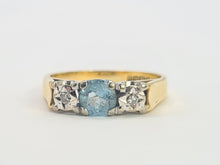 Load image into Gallery viewer, 8295: Vintage: 18ct Gold Blue Aquamarine Twin Diamonds Dress Ring- date mark 1973
