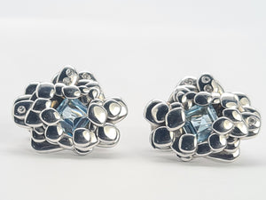 8301: Vintage:&nbsp; Heavy; 9ct White Gold Blue Topaz Diamonds "Naturalistic" Earrings