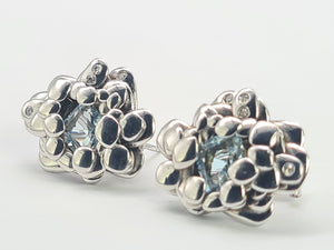 8301: Vintage:&nbsp; Heavy; 9ct White Gold Blue Topaz Diamonds "Naturalistic" Earrings