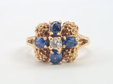 Load image into Gallery viewer, 8311: Vintage: Ornate 9ct Gold Geometric Set Sapphires Ring- Date Mark 1975
