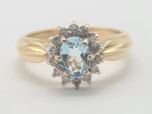 Load image into Gallery viewer, 8235: Vintage: 9ct Gold Blue Aquamarine 14 Diamonds Halo Dress Ring
