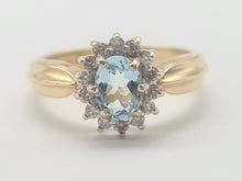 Load image into Gallery viewer, 8235: Vintage: 9ct Gold Blue Aquamarine 14 Diamonds Halo Dress Ring
