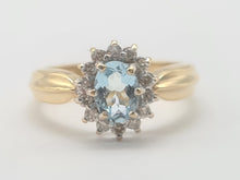 Load image into Gallery viewer, 8235: Vintage: 9ct Gold Blue Aquamarine 14 Diamonds Halo Dress Ring
