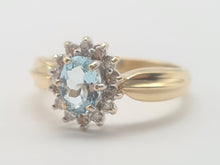 Load image into Gallery viewer, 8235: Vintage: 9ct Gold Blue Aquamarine 14 Diamonds Halo Dress Ring
