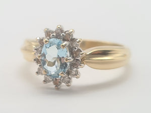 8235: Vintage: 9ct Gold Blue Aquamarine 14 Diamonds Halo Dress Ring