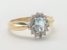 Load image into Gallery viewer, 8235: Vintage: 9ct Gold Blue Aquamarine 14 Diamonds Halo Dress Ring
