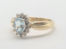 Load image into Gallery viewer, 8235: Vintage: 9ct Gold Blue Aquamarine 14 Diamonds Halo Dress Ring
