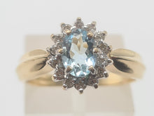 Load image into Gallery viewer, 8235: Vintage: 9ct Gold Blue Aquamarine 14 Diamonds Halo Dress Ring
