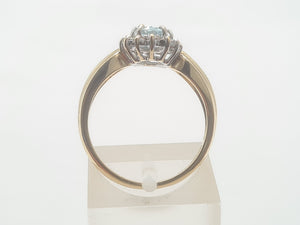 8235: Vintage: 9ct Gold Blue Aquamarine 14 Diamonds Halo Dress Ring