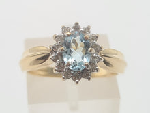 Load image into Gallery viewer, 8235: Vintage: 9ct Gold Blue Aquamarine 14 Diamonds Halo Dress Ring
