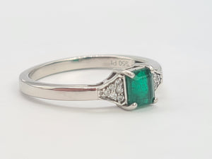 1087: Vintage: Platinum Emerald Cut Emerald 12 Diamonds Dress Ring