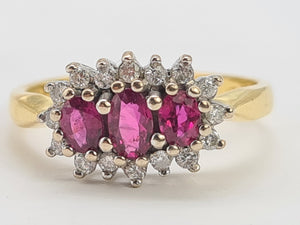 8334:  Vintage: 18ct Gold Vibrant Red Rubies 16 Diamonds Cocktail Ring