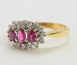 8334:  Vintage: 18ct Gold Vibrant Red Rubies 16 Diamonds Cocktail Ring