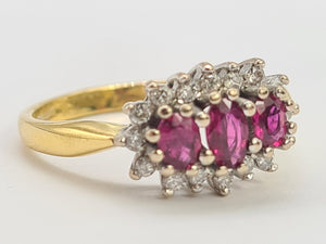 8334:  Vintage: 18ct Gold Vibrant Red Rubies 16 Diamonds Cocktail Ring