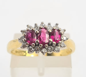 8334:  Vintage: 18ct Gold Vibrant Red Rubies 16 Diamonds Cocktail Ring