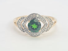 Load image into Gallery viewer, A8344: Vintage: Eye catching 9ct Gold Green Diopside 12 diamonds Halo Dress ring
