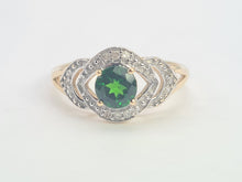 Load image into Gallery viewer, A8344: Vintage: Eye catching 9ct Gold Green Diopside 12 diamonds Halo Dress ring
