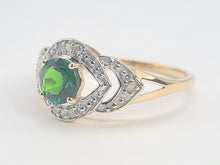 Load image into Gallery viewer, A8344: Vintage: Eye catching 9ct Gold Green Diopside 12 diamonds Halo Dress ring
