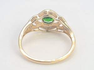 A8344: Vintage: Eye catching 9ct Gold Green Diopside 12 diamonds Halo Dress ring