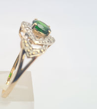 Load image into Gallery viewer, A8344: Vintage: Eye catching 9ct Gold Green Diopside 12 diamonds Halo Dress ring
