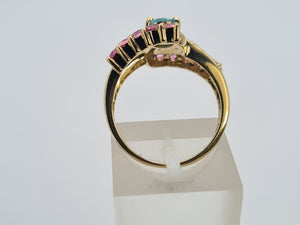 0019: Vintage: 9ct Gold Gem Pink Green, Blue Ring