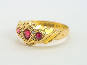 0020: Antique 18ct Gold Almandine Garnets Diamonds Ring- Date Mark 1915-